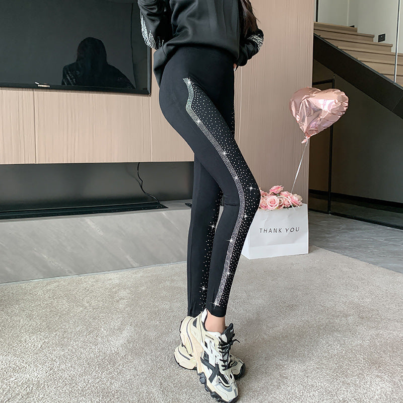 Shiny Rhinestone 3D Effect Leggings for Women - Slim Fit Cropped Modal Pants