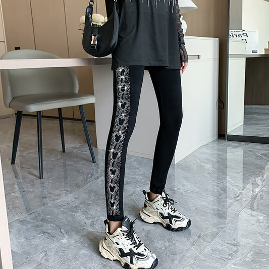 Shiny Rhinestone 3D Effect Leggings for Women - Slim Fit Cropped Modal Pants