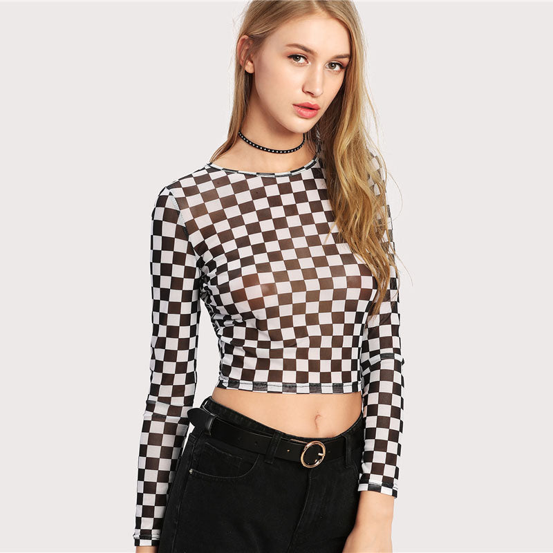 Women's Autumn and winter new women's black and white plaid round neck mesh long-sleeved T-shirt