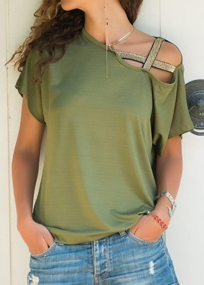 Women's spring and summer casual shoulder cross irregular short-sleeved T-shirt