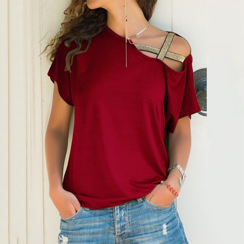 Women's spring and summer casual shoulder cross irregular short-sleeved T-shirt