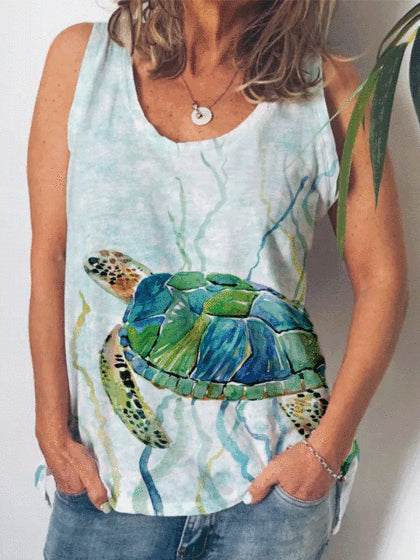 Turtle Print Round Neck Sleeveless Women's T-shirt