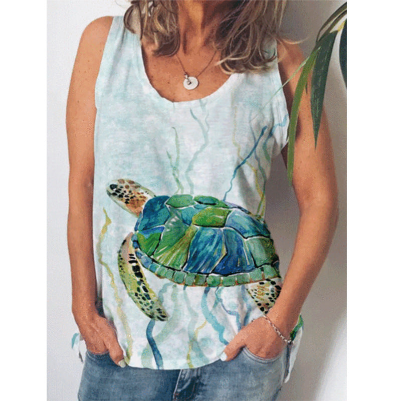 Turtle Print Round Neck Sleeveless Women's T-shirt