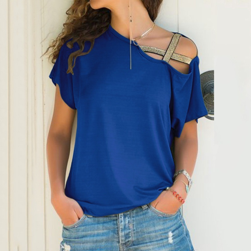 Women's spring and summer casual shoulder cross irregular short-sleeved T-shirt