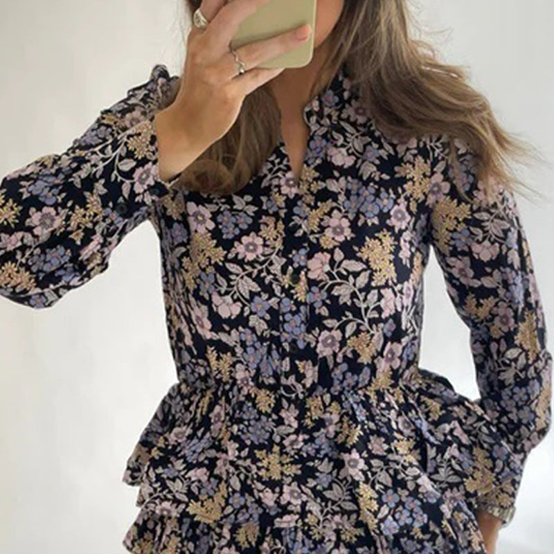 Women's Elegant Printed Long Sleeve Short Skirt Dress