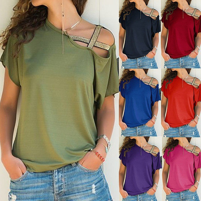 Women's spring and summer casual shoulder cross irregular short-sleeved T-shirt