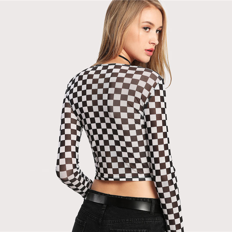 Women's Autumn and winter new women's black and white plaid round neck mesh long-sleeved T-shirt