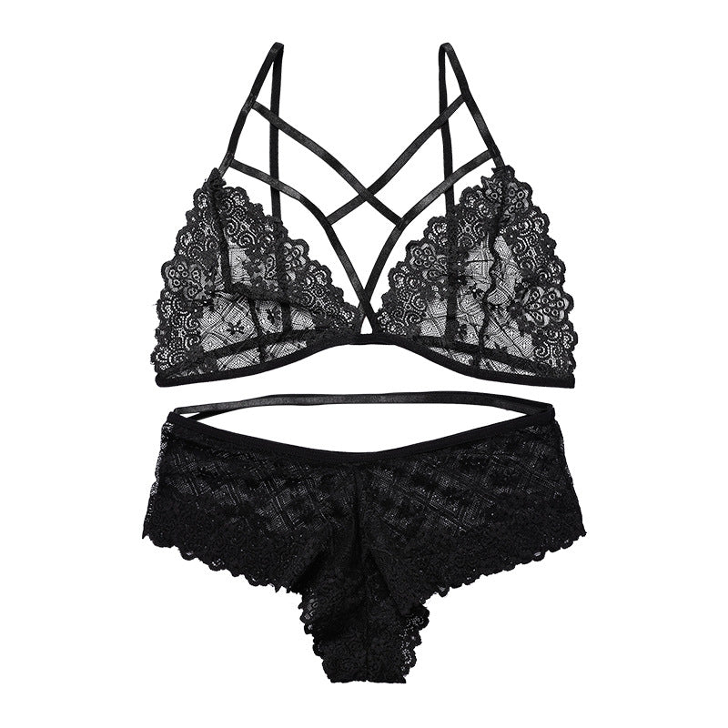 Back Lace Perspective Bra Set Black