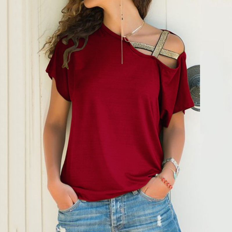 Women's spring and summer casual shoulder cross irregular short-sleeved T-shirt