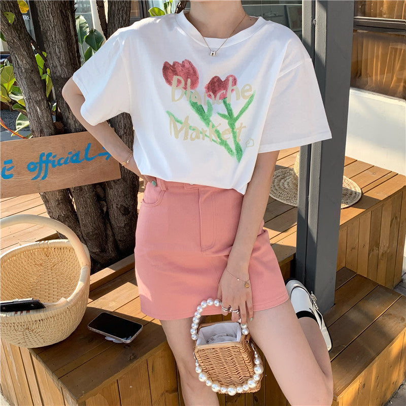 Women's Tulip Printed Cotton Short Sleeve Loose T-Shirt