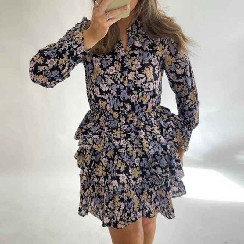 Women's Elegant Printed Long Sleeve Short Skirt Dress