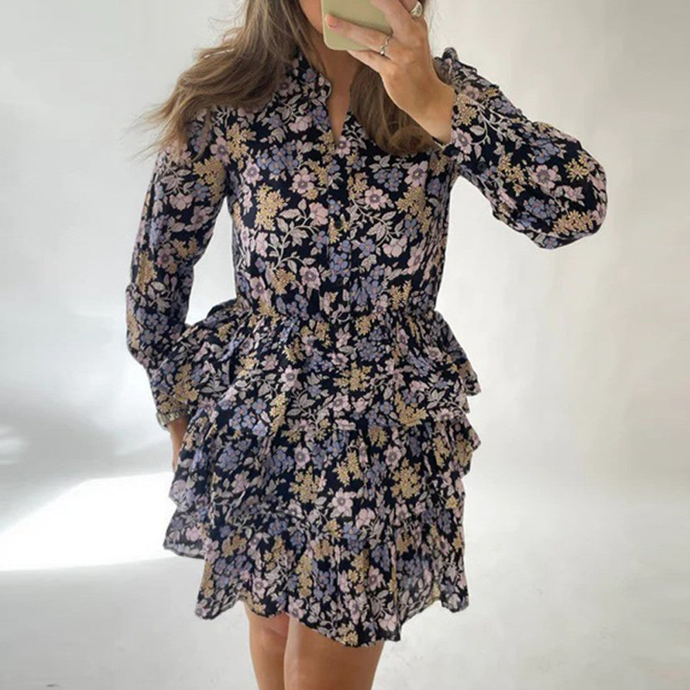 Women's Elegant Printed Long Sleeve Short Skirt Dress