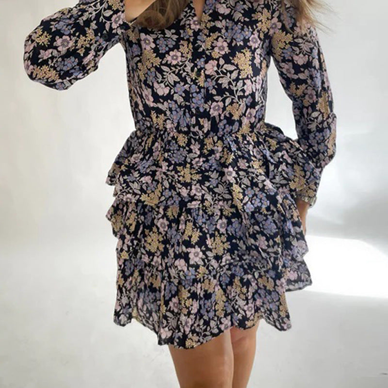 Women's Elegant Printed Long Sleeve Short Skirt Dress