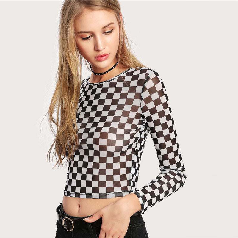 Women's Autumn and winter new women's black and white plaid round neck mesh long-sleeved T-shirt