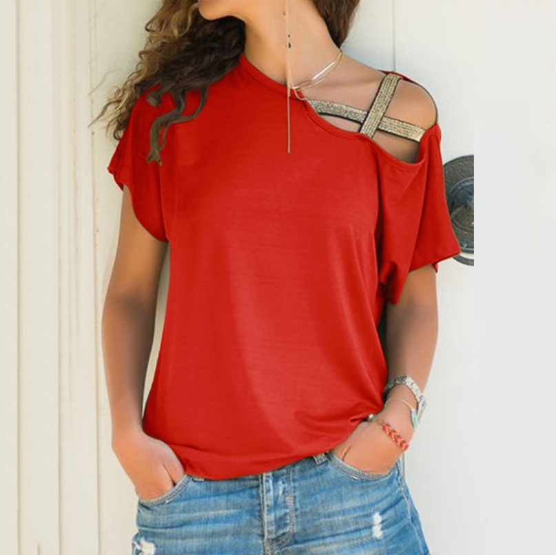 Women's spring and summer casual shoulder cross irregular short-sleeved T-shirt