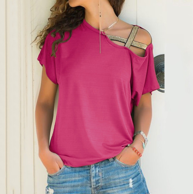 Women's spring and summer casual shoulder cross irregular short-sleeved T-shirt