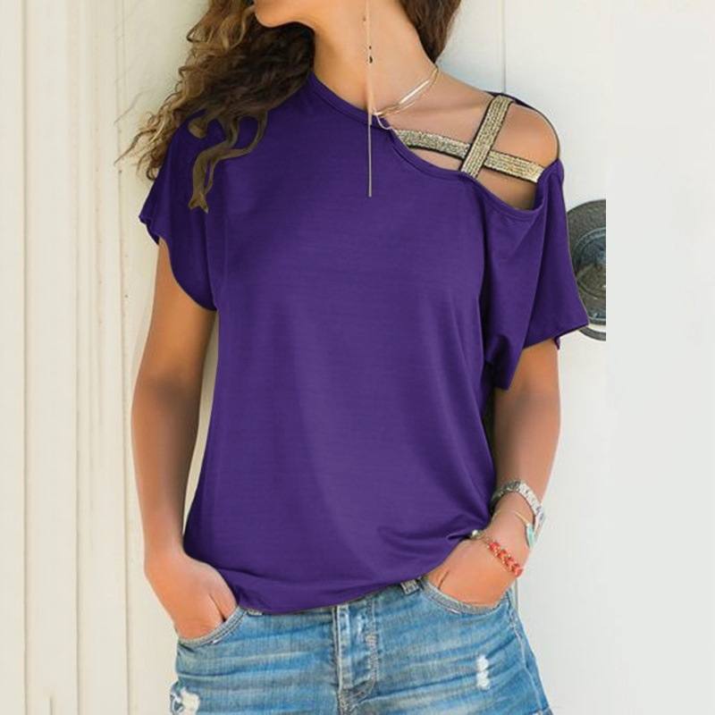 Women's spring and summer casual shoulder cross irregular short-sleeved T-shirt