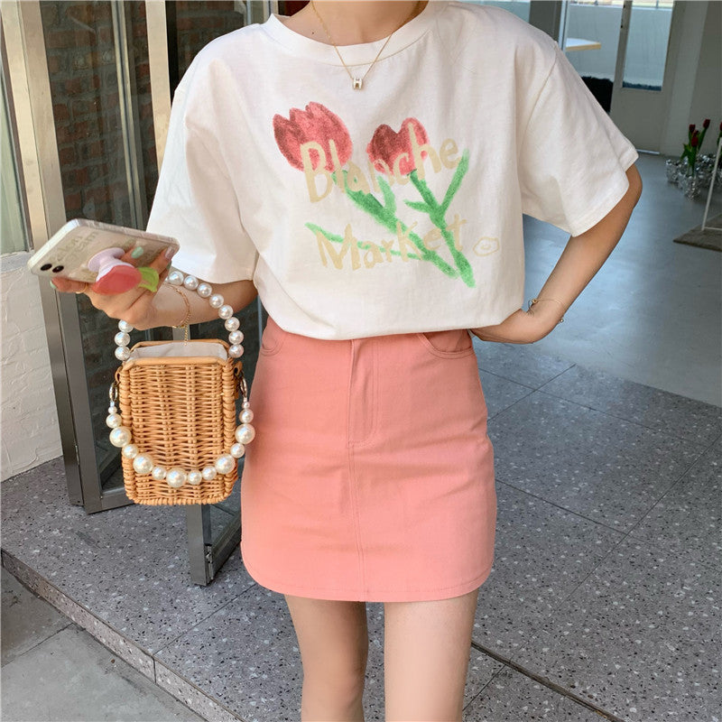 Women's Tulip Printed Cotton Short Sleeve Loose T-Shirt