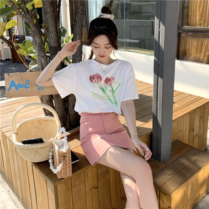 Women's Tulip Printed Cotton Short Sleeve Loose T-Shirt