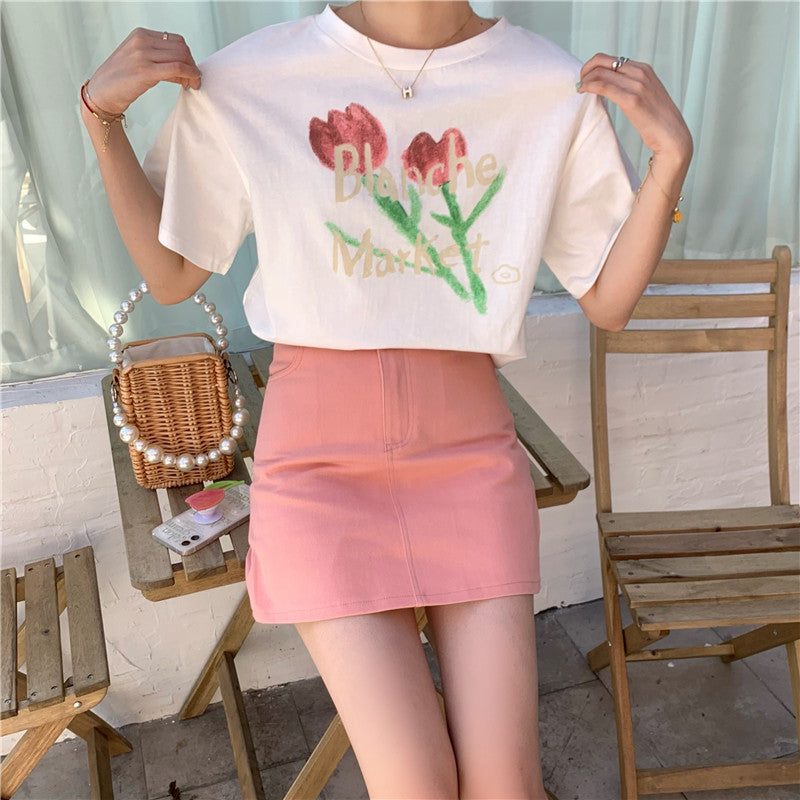 Women's Tulip Printed Cotton Short Sleeve Loose T-Shirt