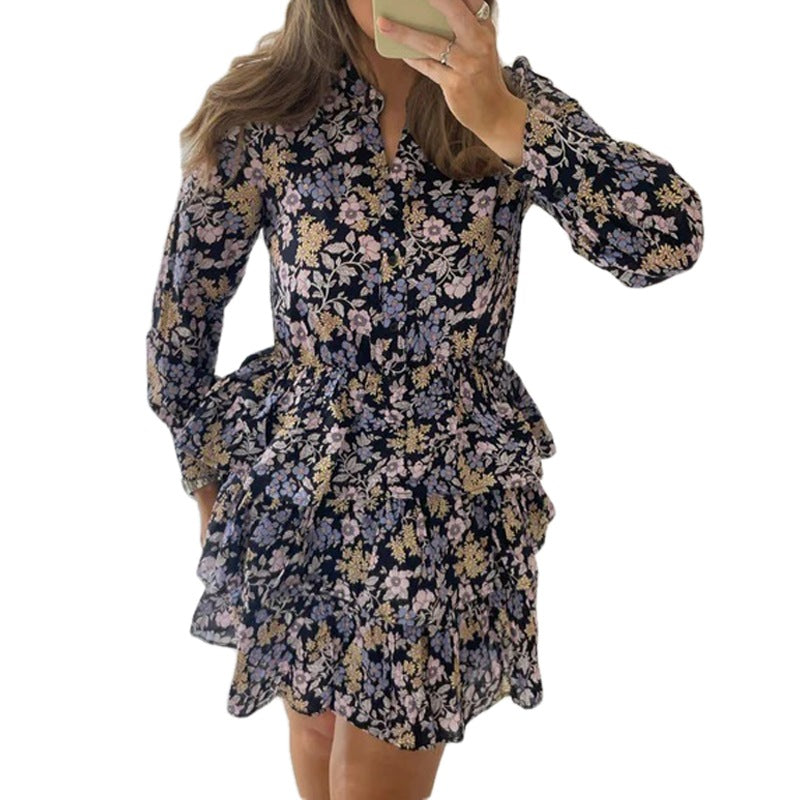 Women's Elegant Printed Long Sleeve Short Skirt Dress